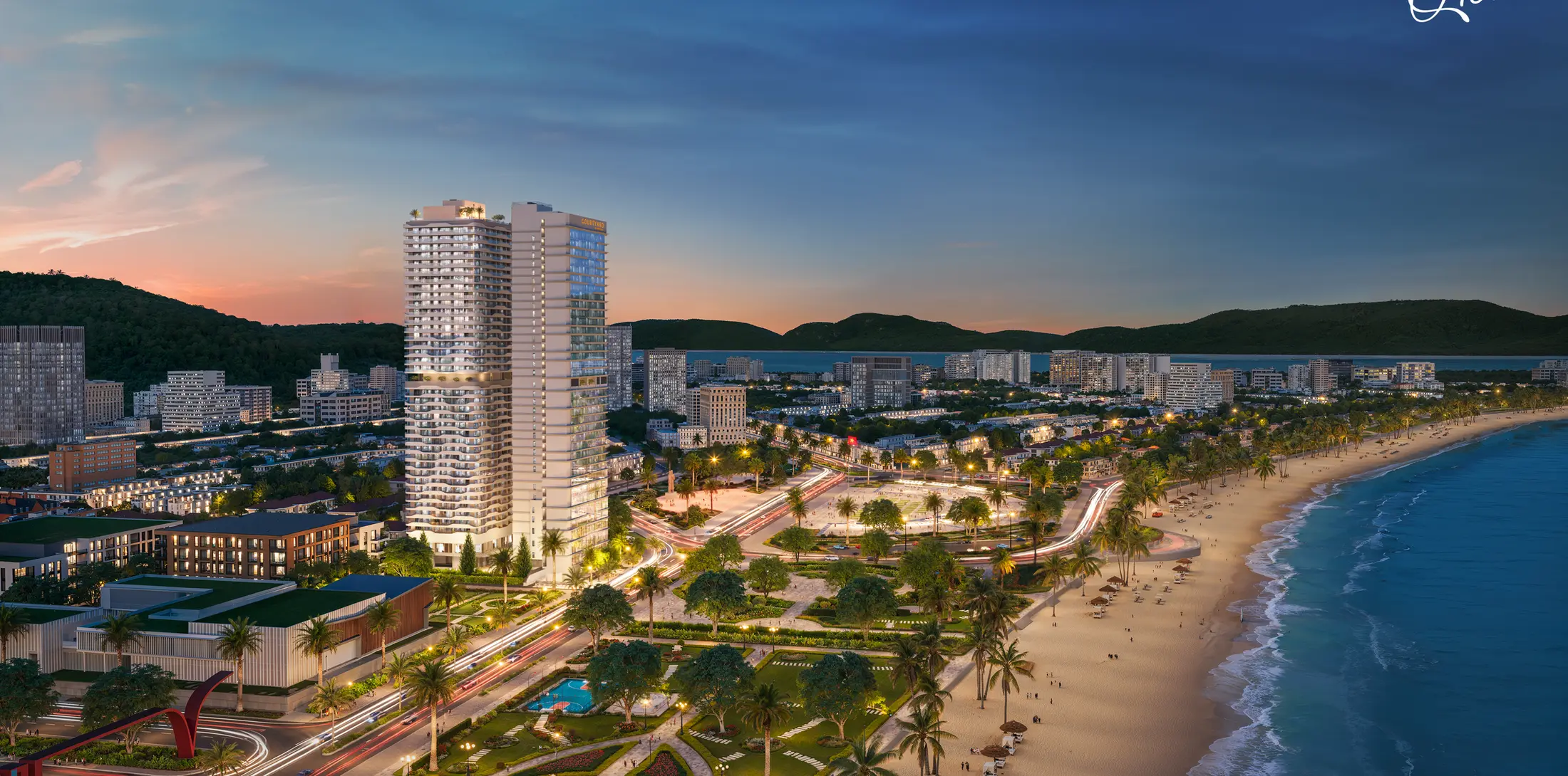 Tháp đôi Q'Terra và đường bờ biển Quy Nhơn lúc chiều tà